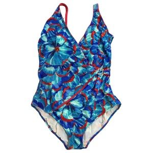 GOTTEX Swim Wear Bathing Suit Size 18 1-Piece Blue Red Floral print